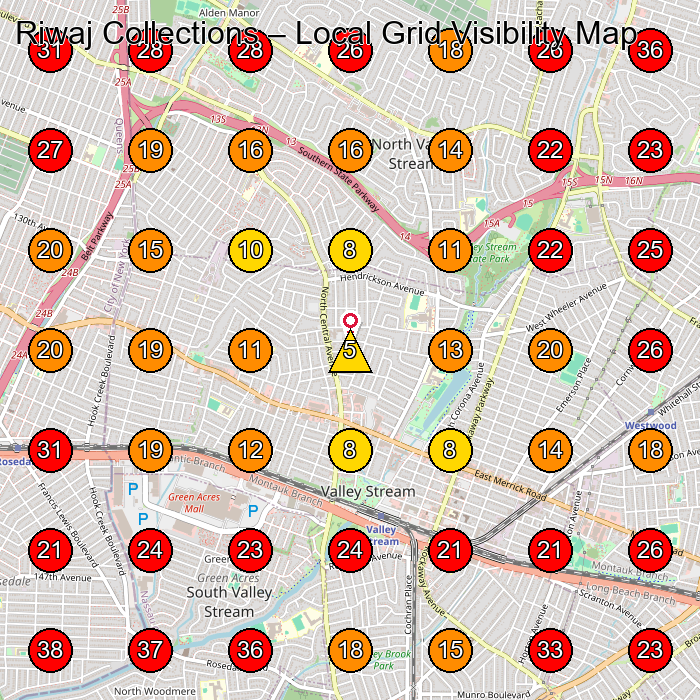 Riwaj Collections GeoGrid visibility map for Customs Broker in Valley Stream